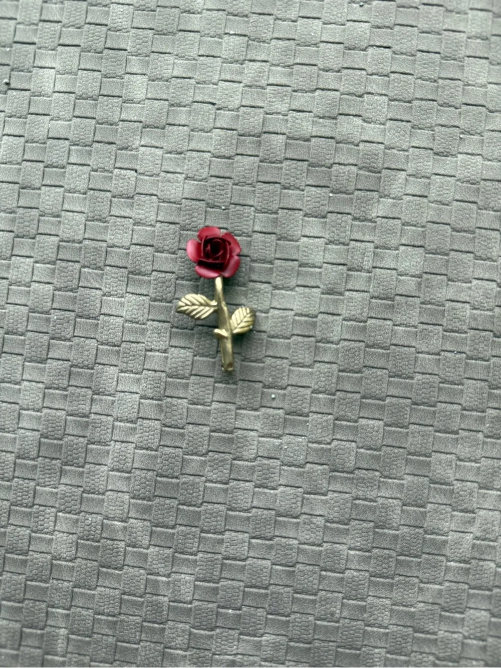 Red Rose Stem Pin Brooch with Antique Gold Leaves